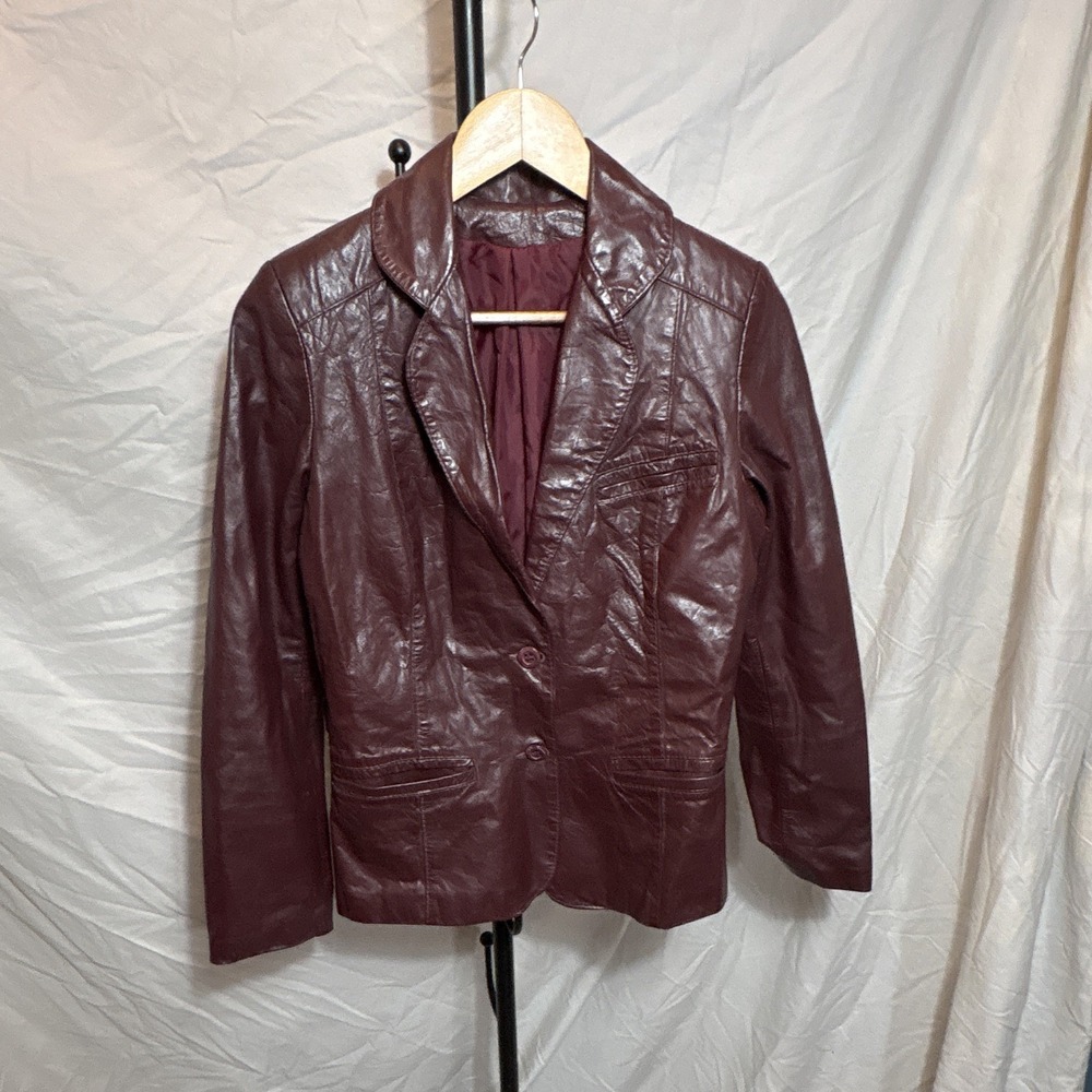 Vintage Burgundy Genuine Leather Blazer Women Fitted Oxblood Jacket 18” P2P